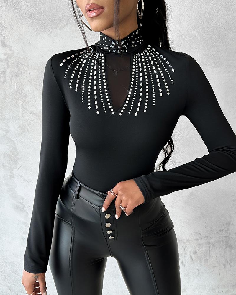 Studded Sheer Mesh Long Sleeve Top