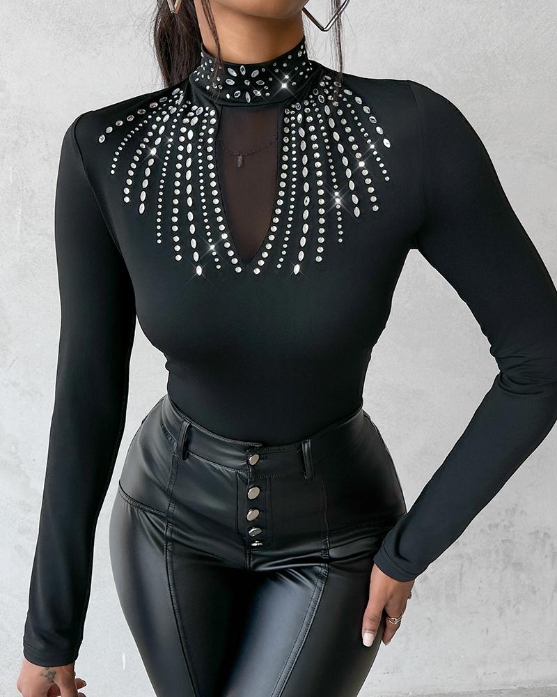 Studded Sheer Mesh Long Sleeve Top