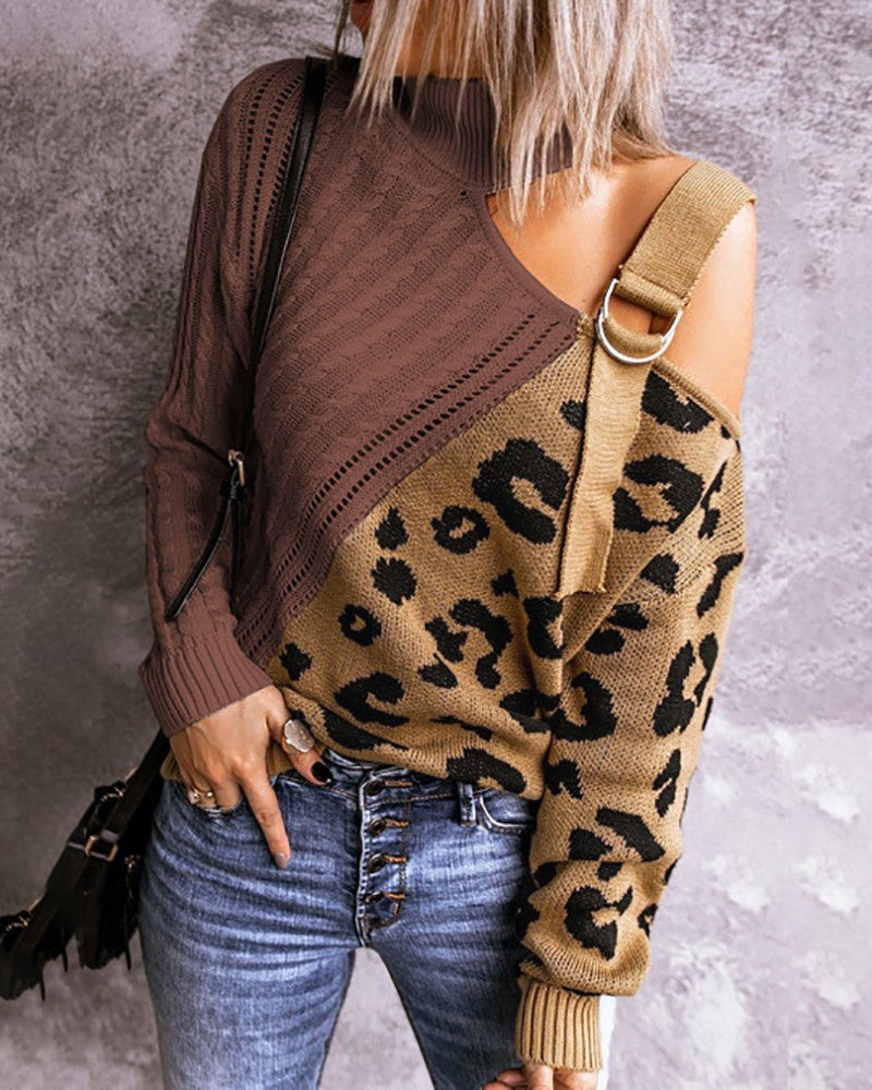 Contrast Leopard Pattern Buckled Knit Sweater