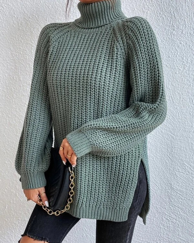 High Neck Long Sleeve Slit Sweater