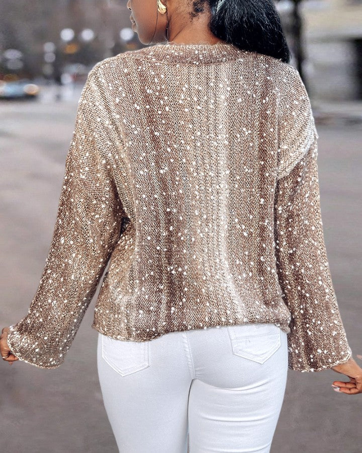 Ombre V Neck Contrast Sequin Drop Shoulder Knit Sweater