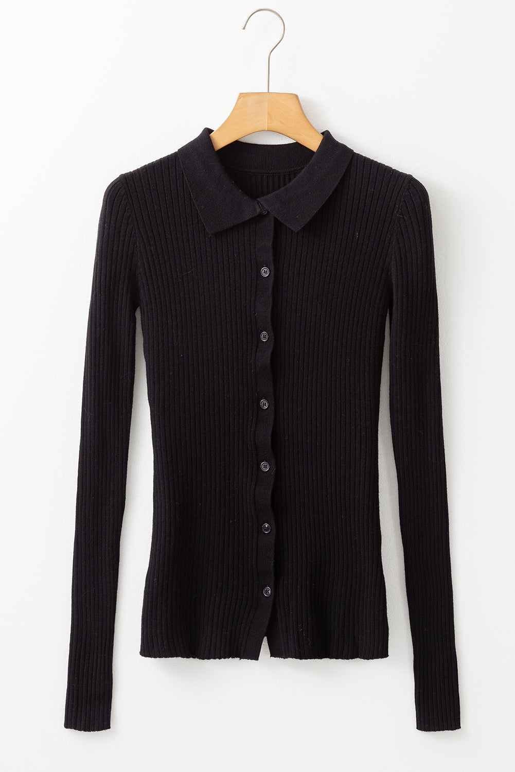 Black Ribbed Knit Collared Slim Fit Sweater Cardigan