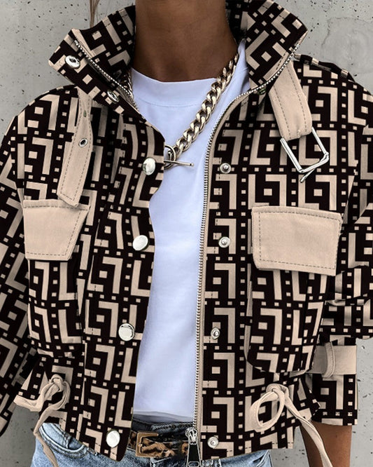 Geometric Print Pocket Design Biker Jacket