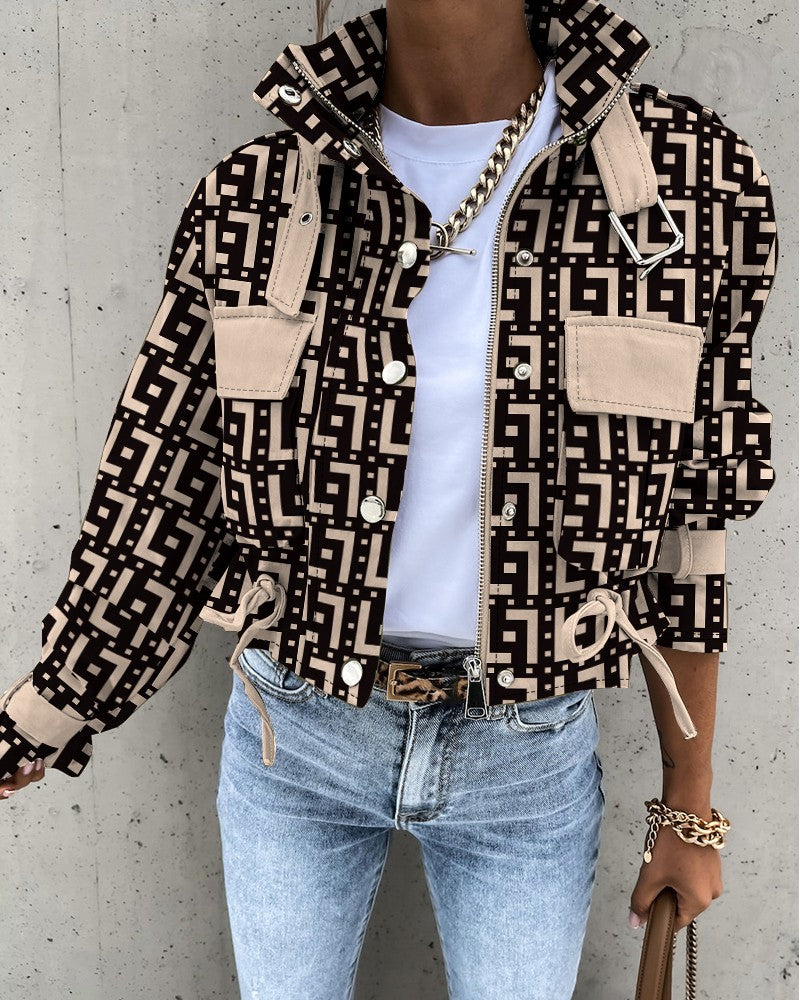 Geometric Print Pocket Design Biker Jacket