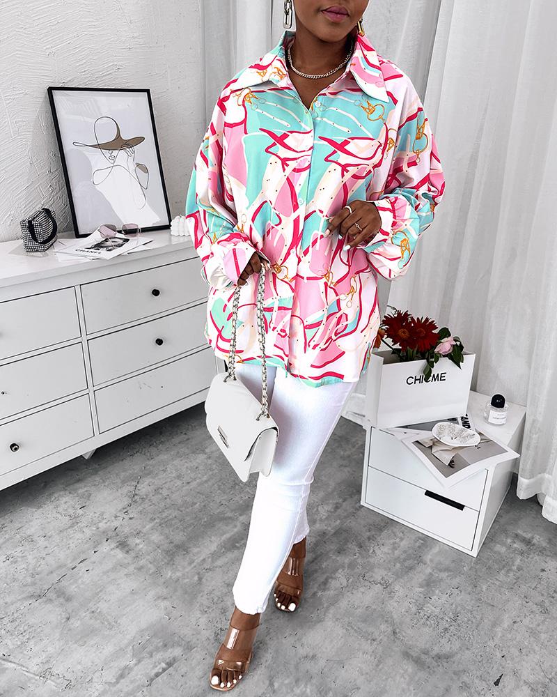 Scarf Print Lantern Sleeve Button Down Shirt