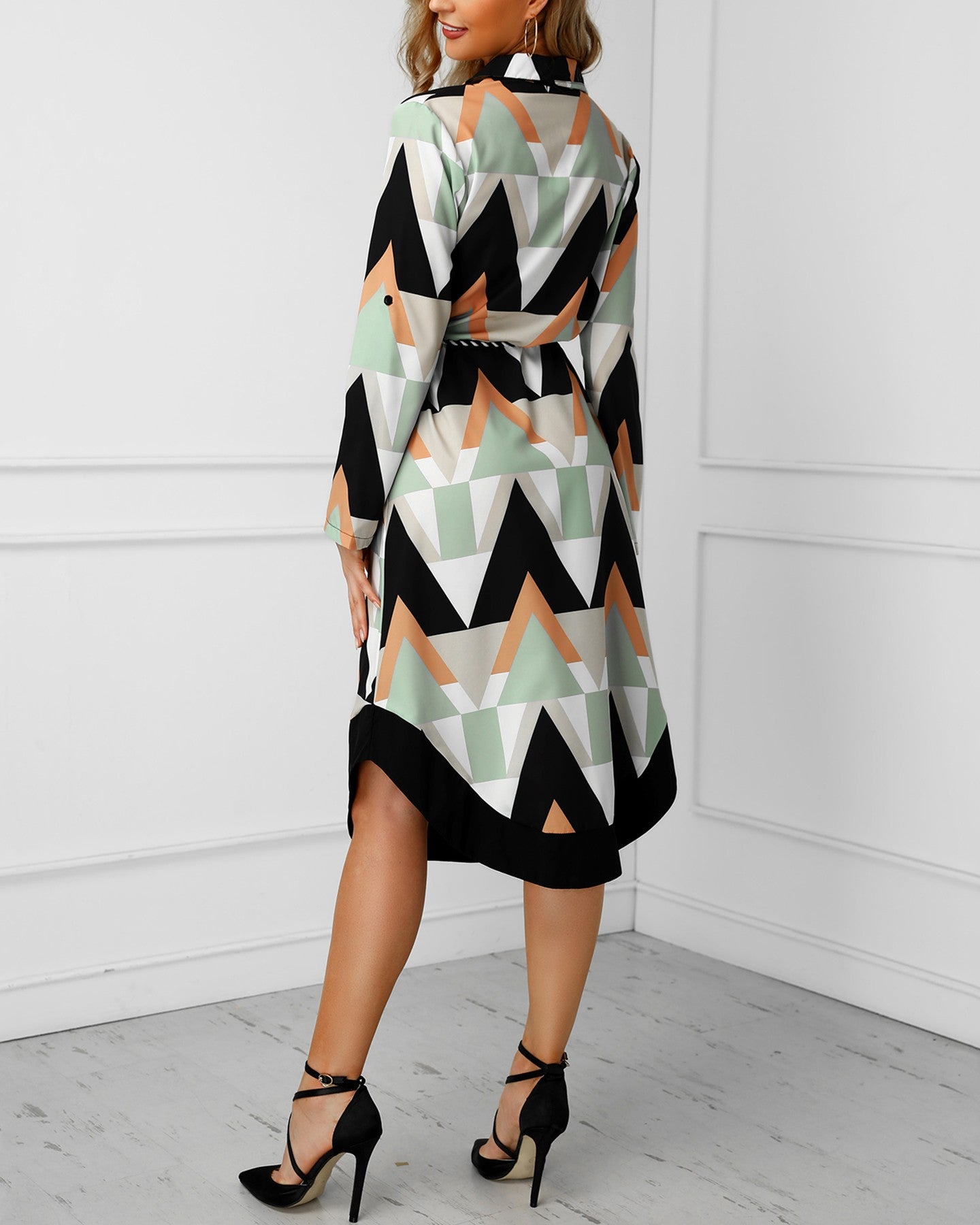 Geo Print Long Sleeve Asymmetrical Shirt Dress