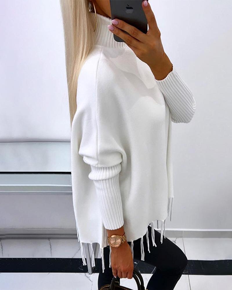 Turtleneck Long Sleeve Tassel Design Knit Sweater