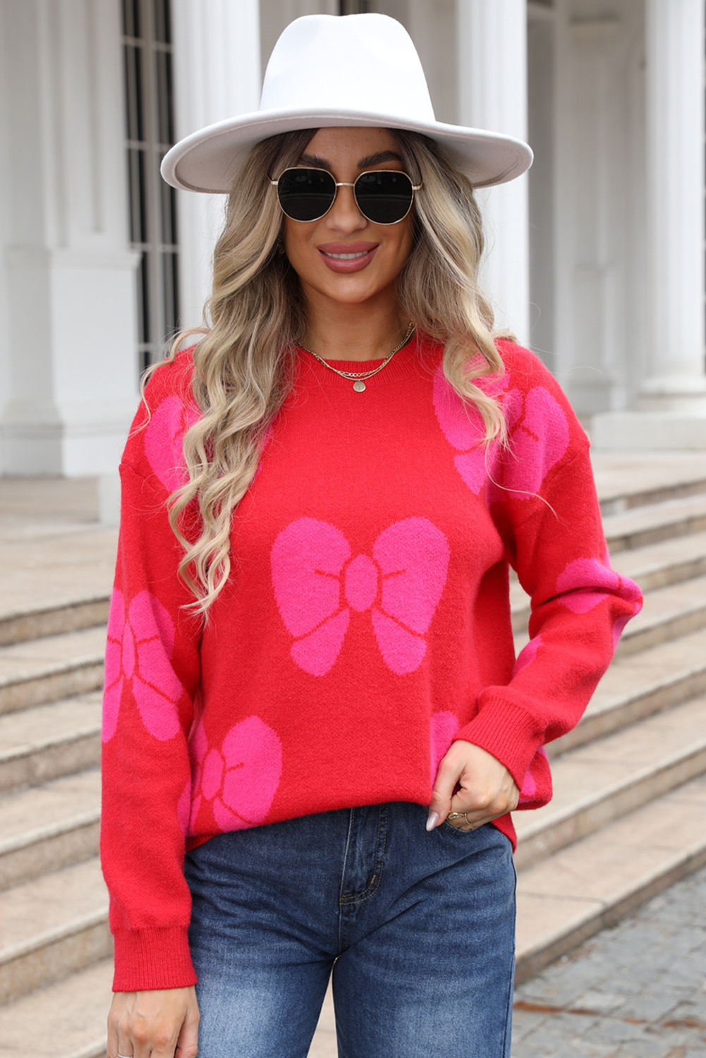 Fiery Red Valentine Bowknot Knitted Round Neck Fashion Sweater