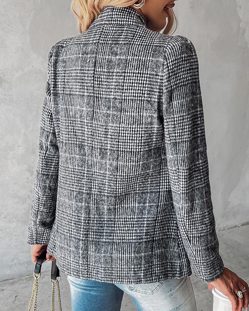 Plaid Pattern Notched Collar Blazer Coat