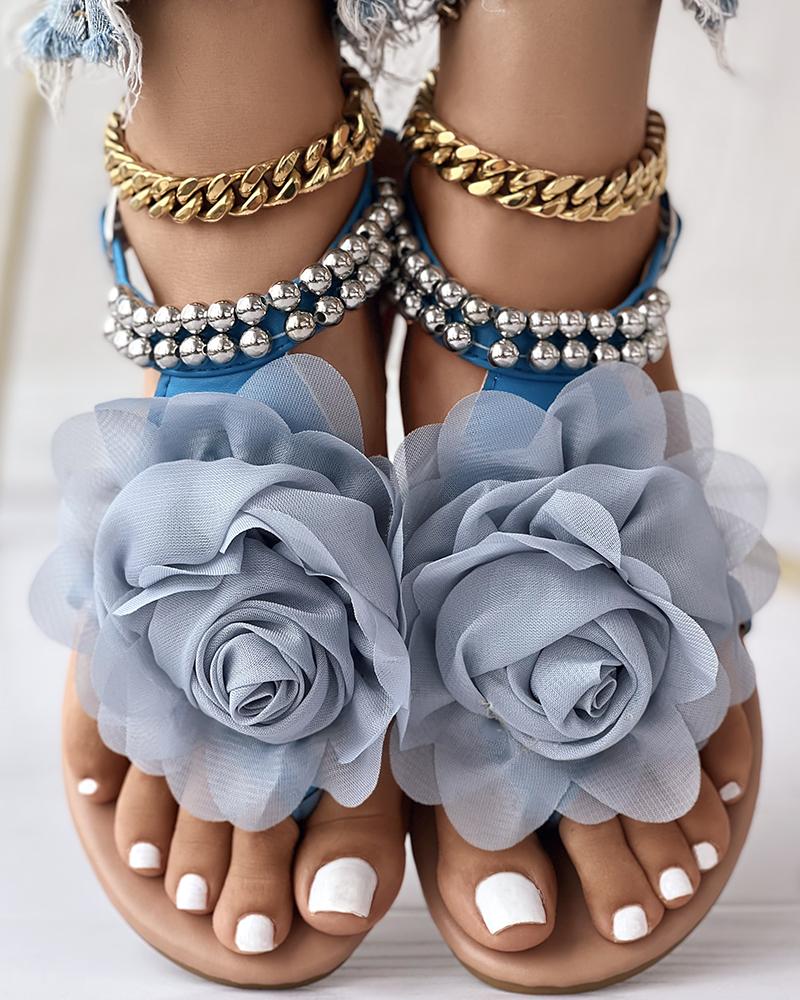 Mesh Floral Embellished Beaded Flat Sandals