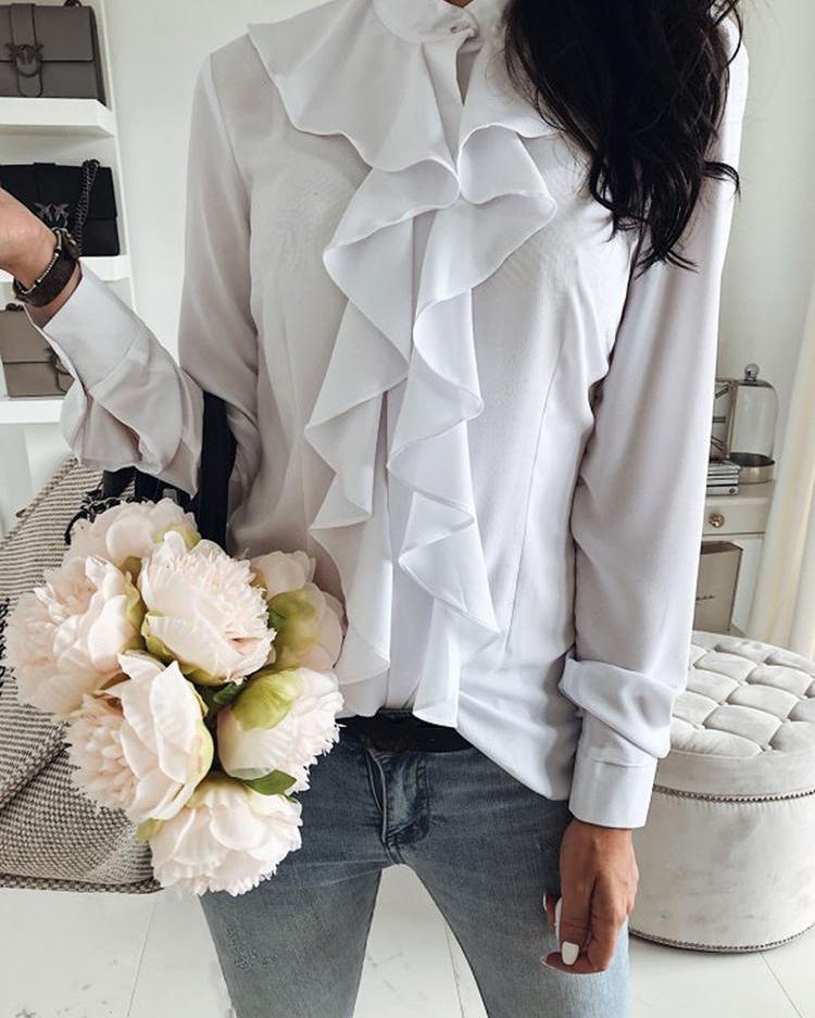 Solid Ruffles Design Long Sleeve Casual Blouse