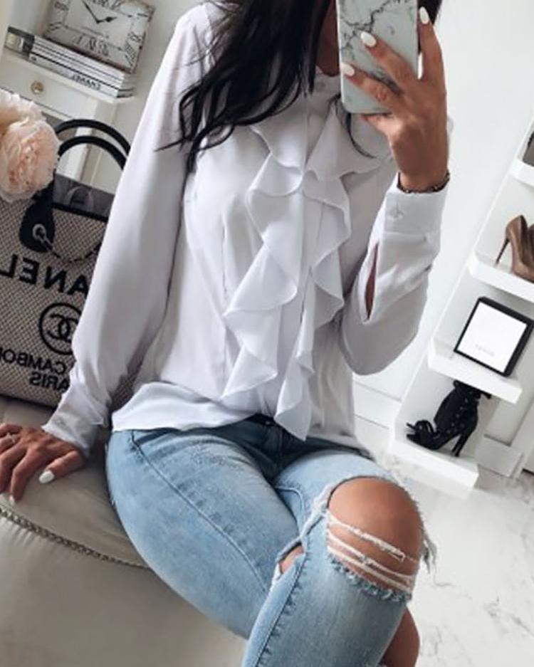 Solid Ruffles Design Long Sleeve Casual Blouse