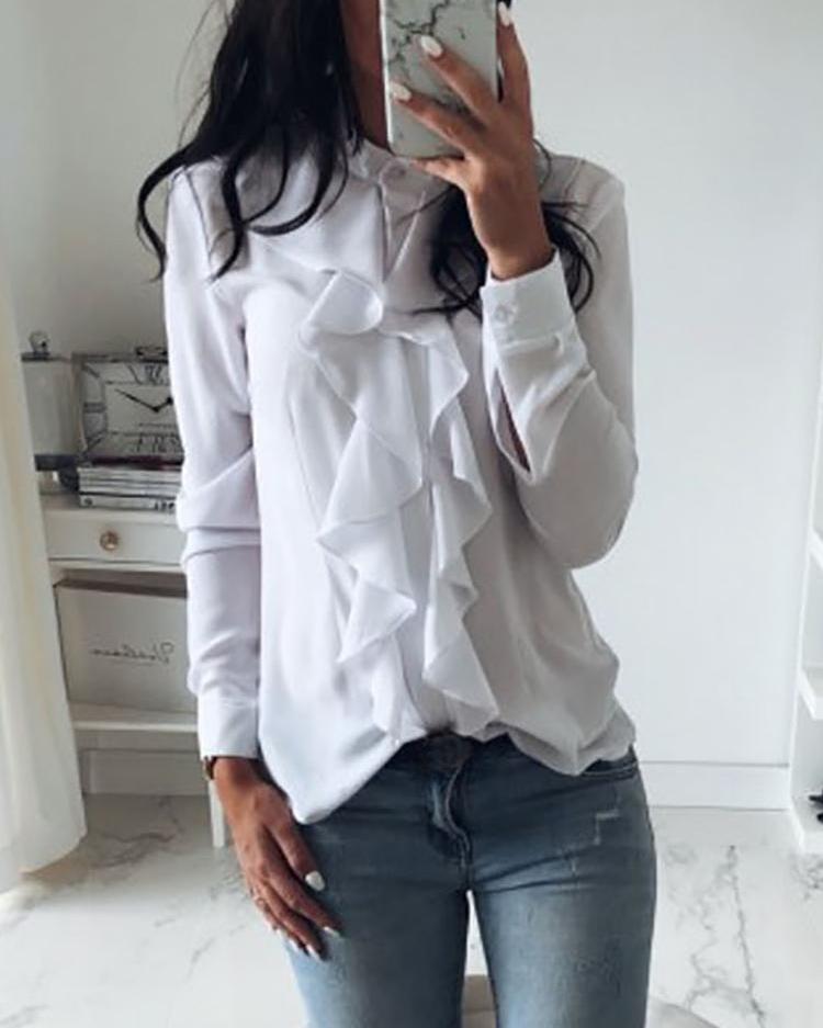 Solid Ruffles Design Long Sleeve Casual Blouse