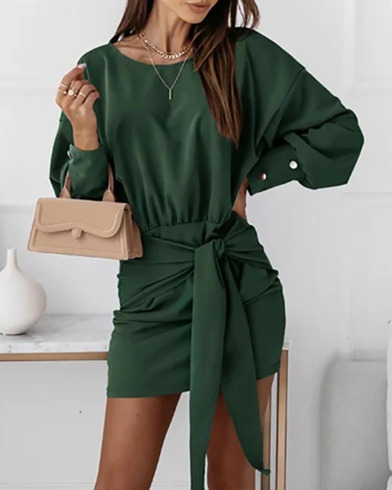 Lantern Sleeve Knot Front Buttoned Bodycon Dress