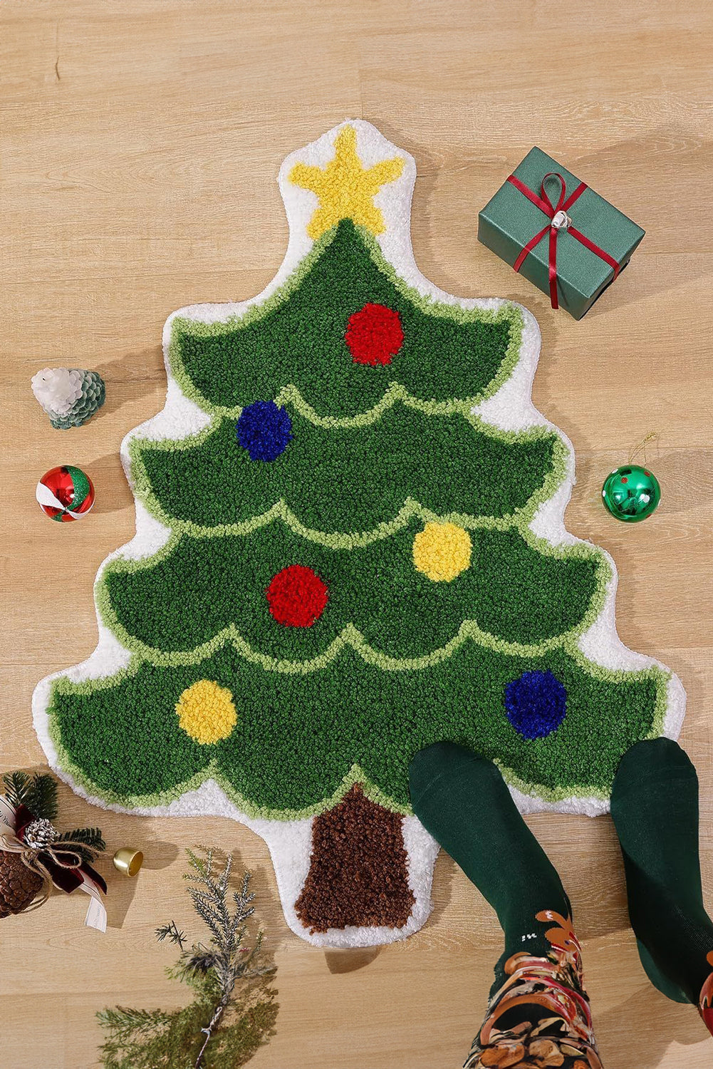 Dark Green Christmas Tree Shape Non-Slip Plush Carpet