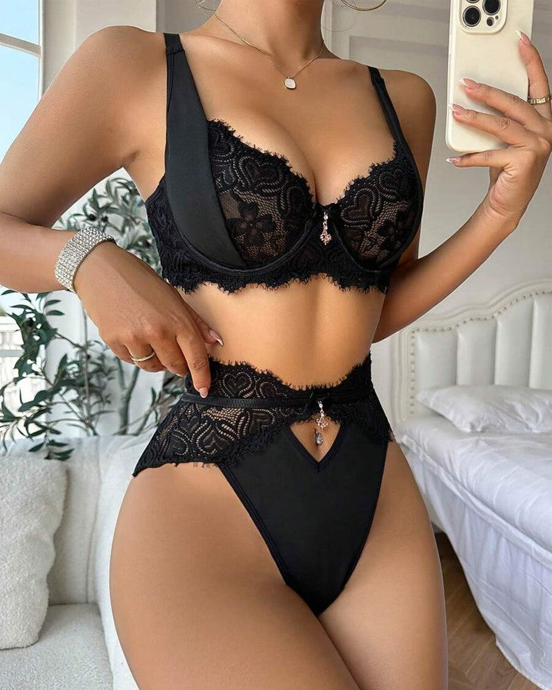 Eyelash Crochet Lace Cutout Lingerie Set