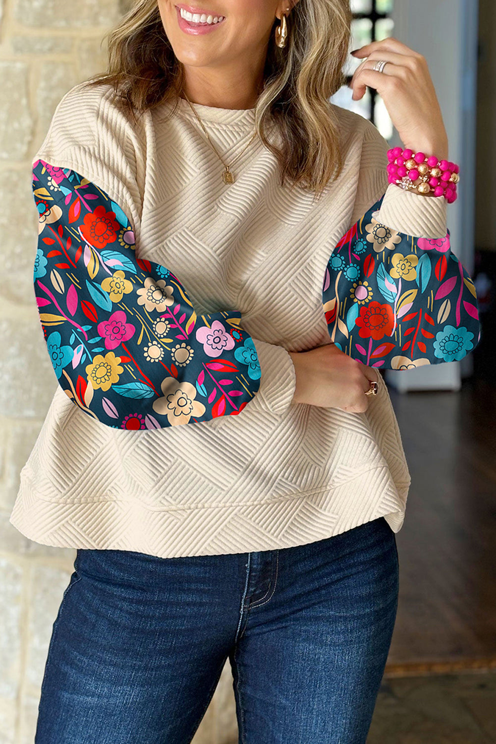 White Floral Patchwork Sleeve Textured Plus Size Pullover Top