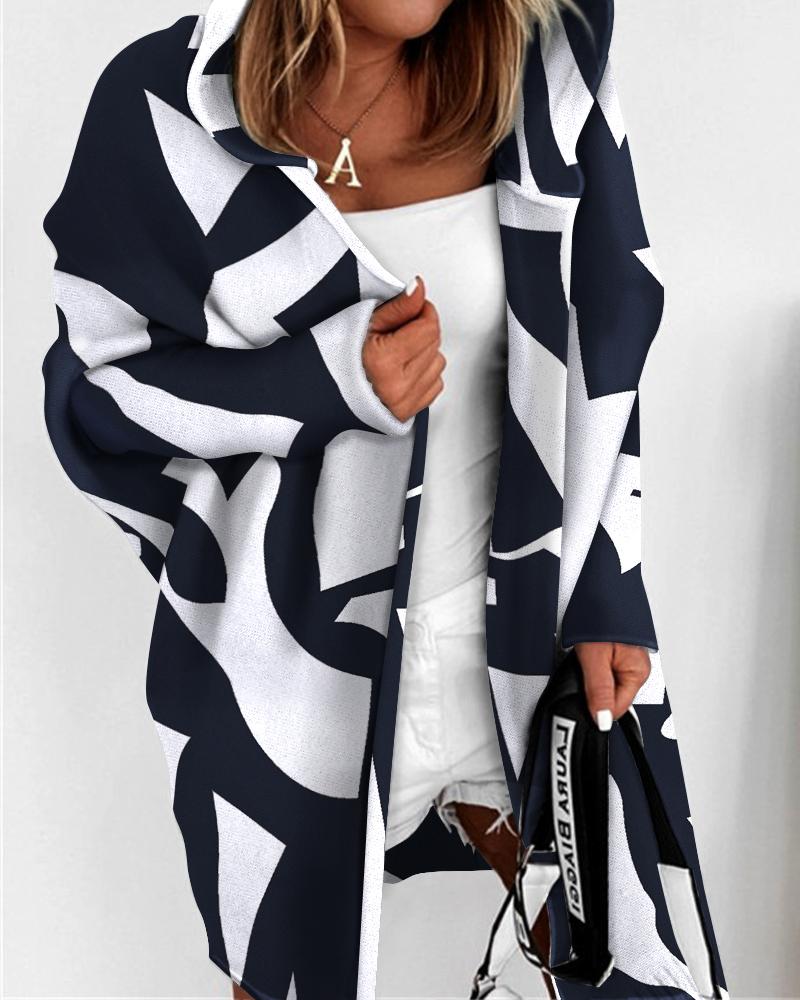 Geometric Print Hooded Long Sleeve Coat