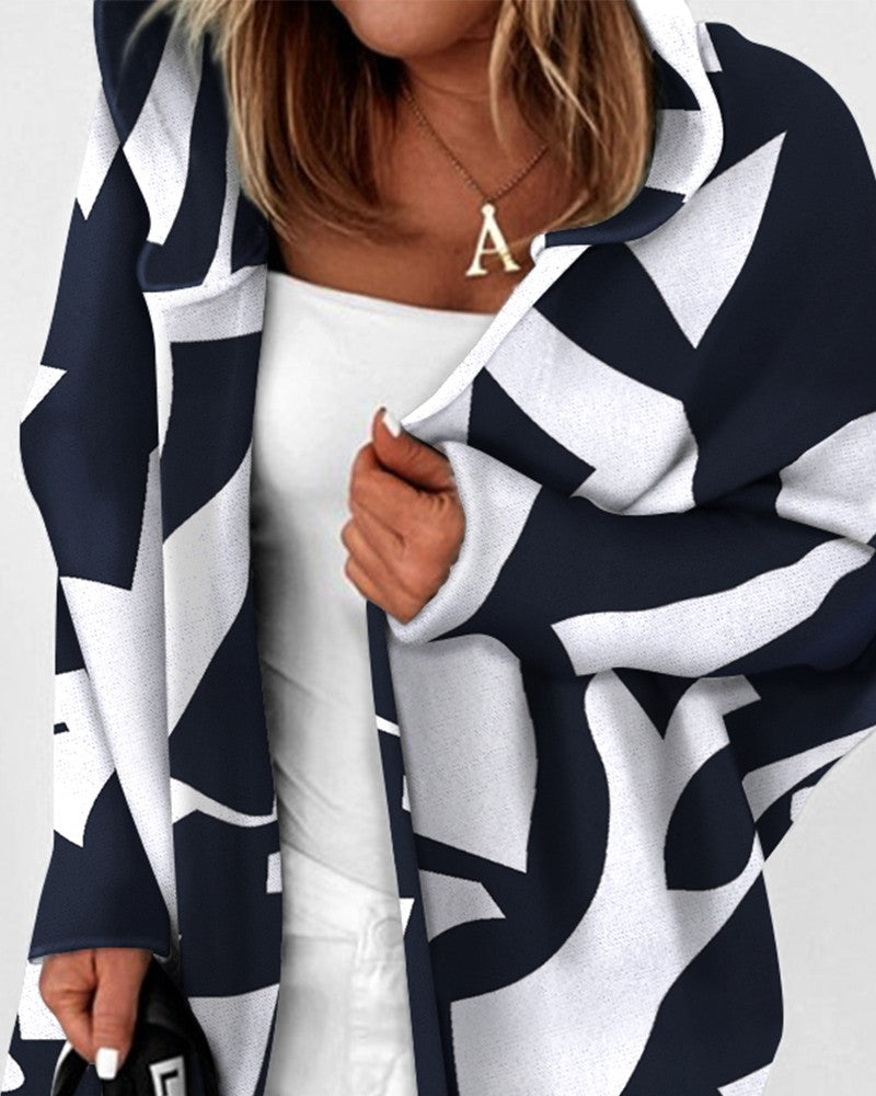 Geometric Print Hooded Long Sleeve Coat