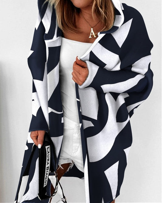 Geometric Print Hooded Long Sleeve Coat