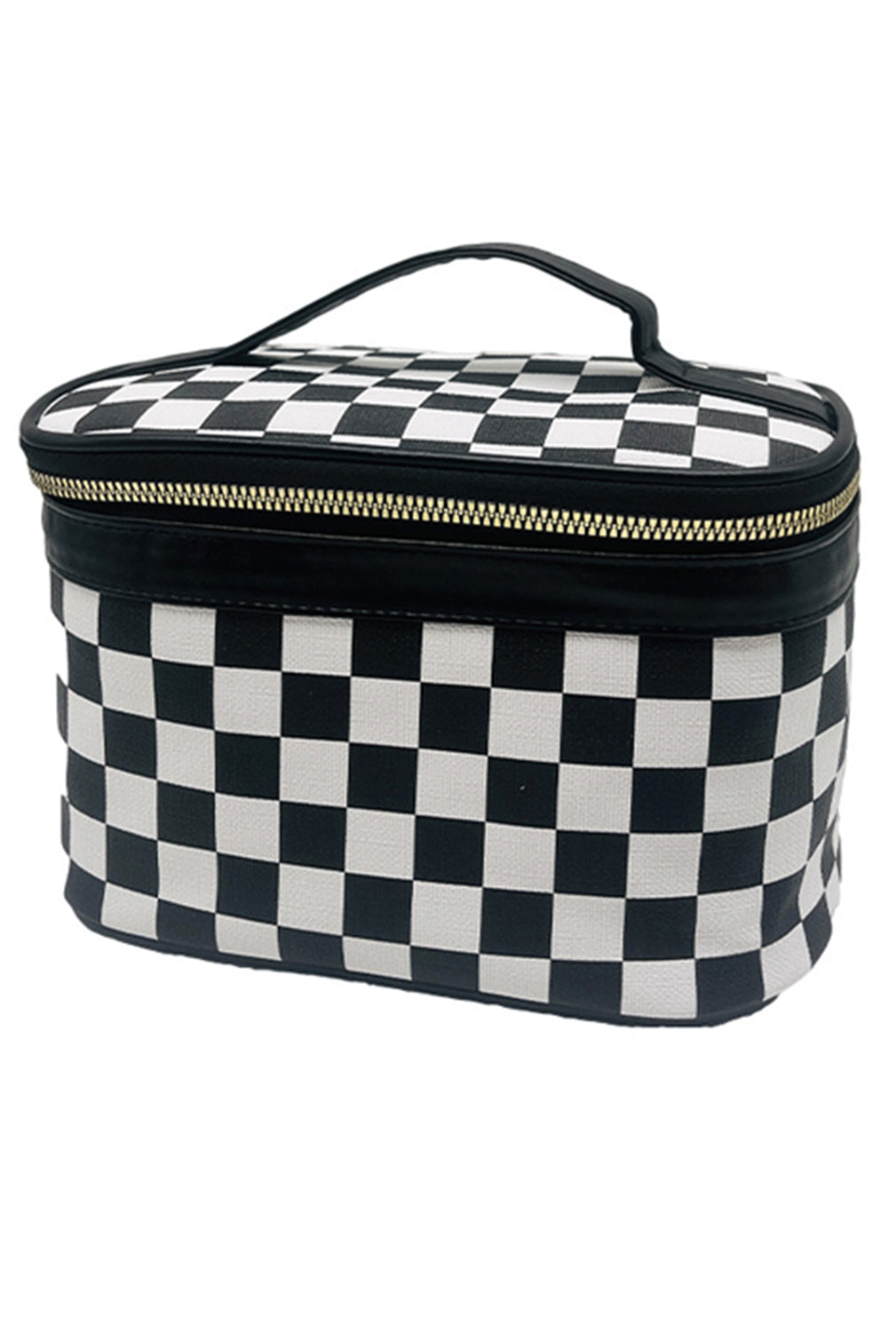 Black Checkered Zipper Large Cosmetic Bag with Handle