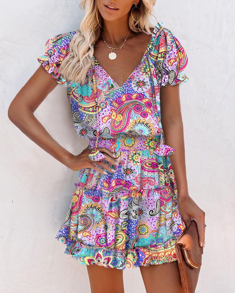 Paisley Floral Print Puff Sleeve Ruffles Casual Dress