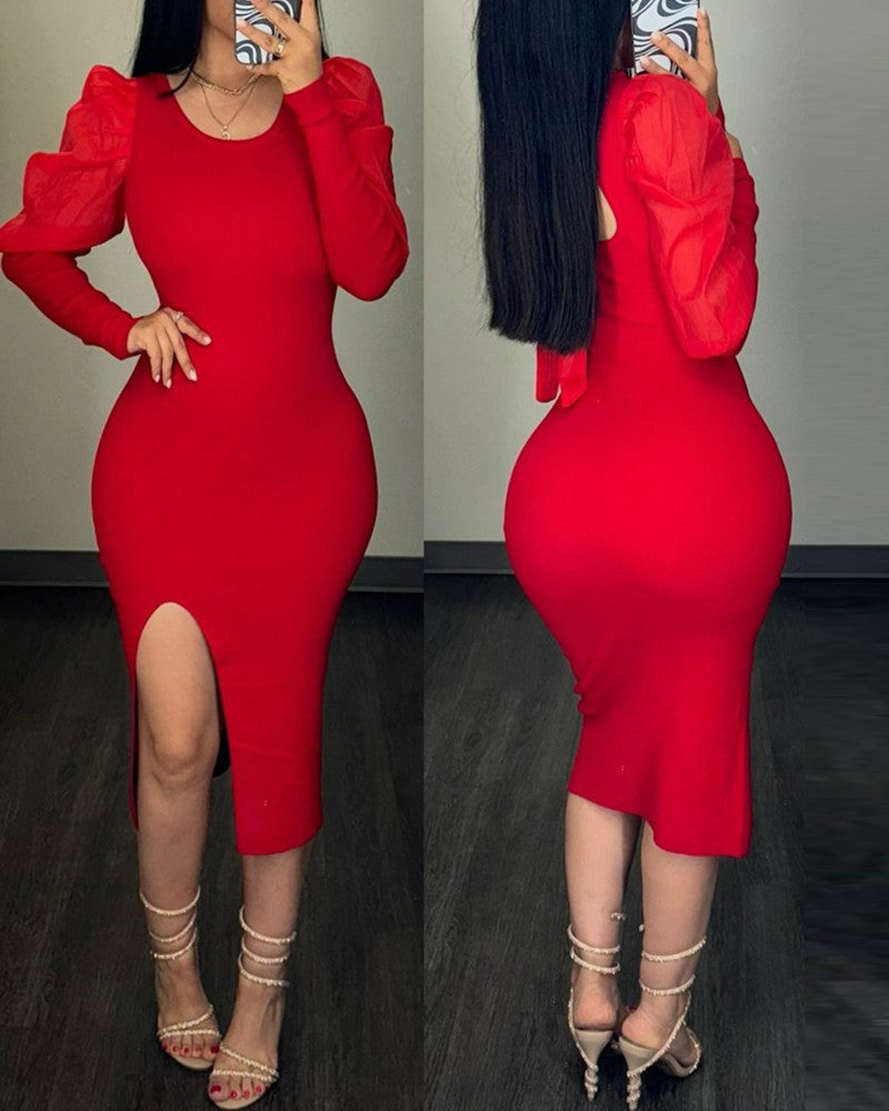 Crewneck Puff Sleeve Backless Tied Detail Midi Dress Slit Slim Fit Party Club Bodycon Dress