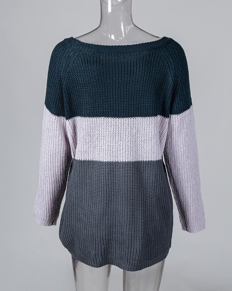 Contrast Color One Shoulder Loose Knitted Sweater