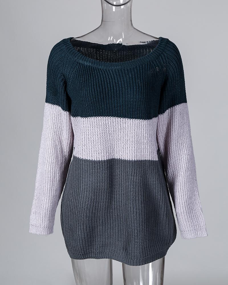 Contrast Color One Shoulder Loose Knitted Sweater