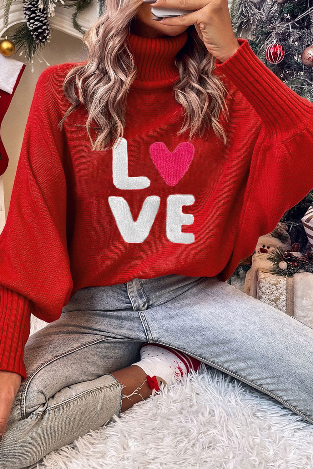 Fiery Red Merry Letter Embroidered High Neck Sweater