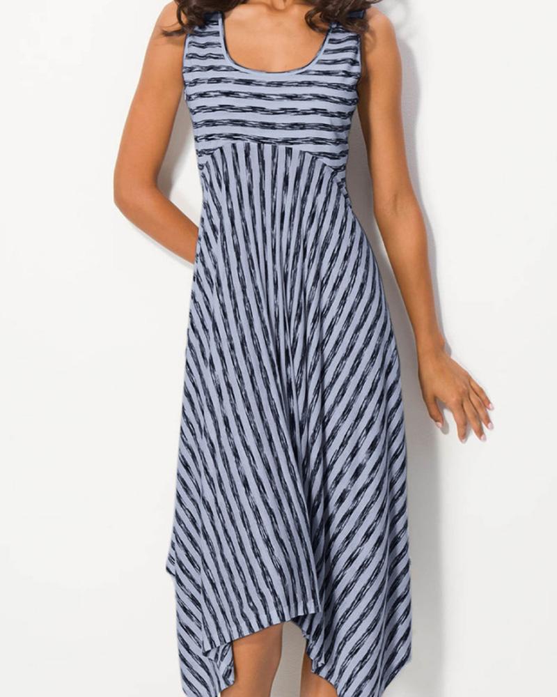 Striped Print Asymmetrical Hem Casual Dress