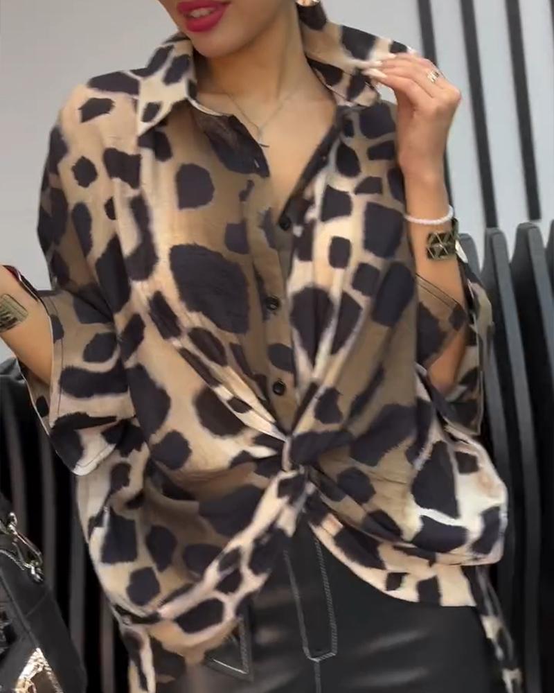 Leopard Print Turn down Collar Button Front Sihrt Twisted Oversized Blouse Top