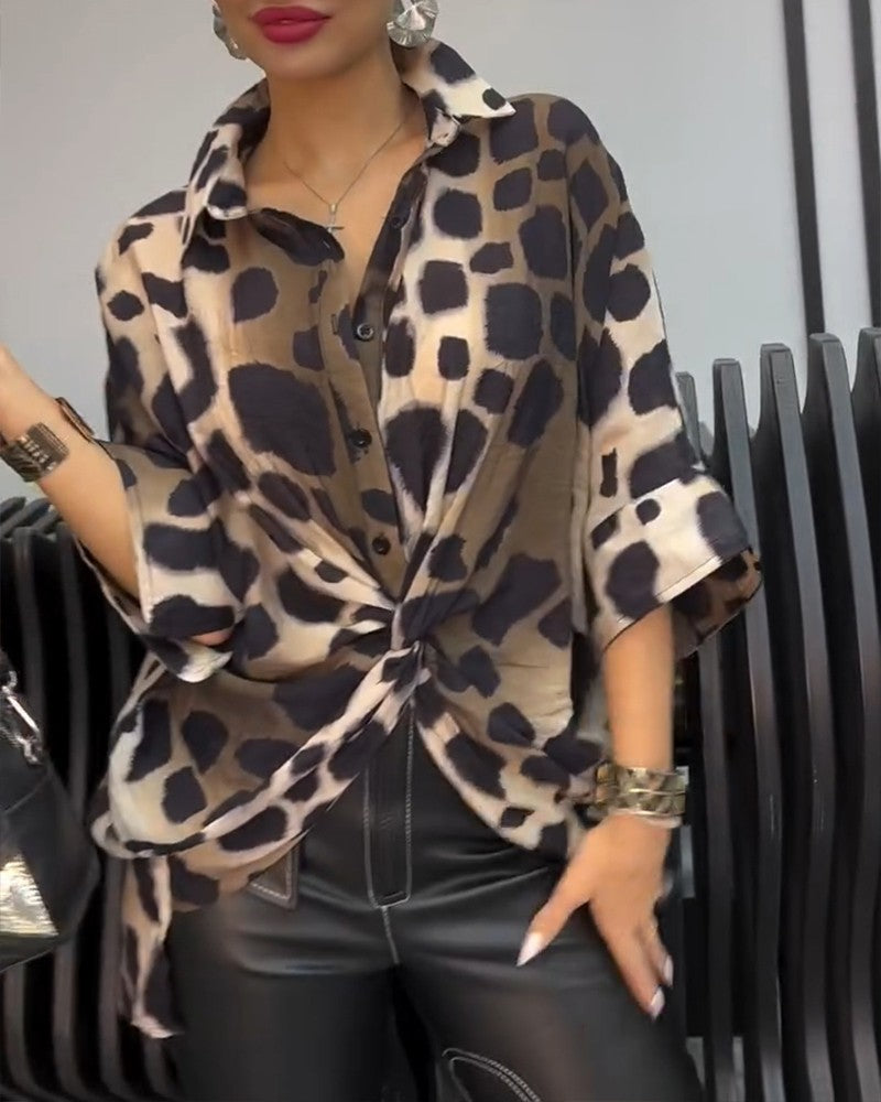 Leopard Print Turn down Collar Button Front Sihrt Twisted Oversized Blouse Top