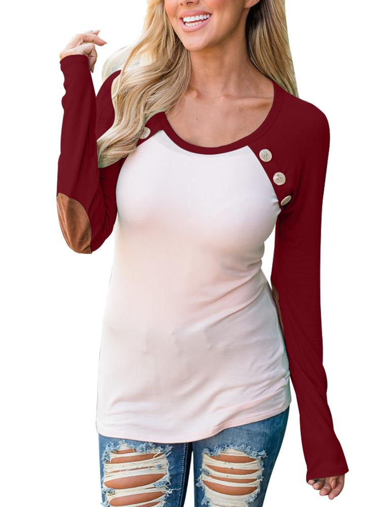 Buttoned Elbow Patches Raglan Sleeve Slinky Blouse