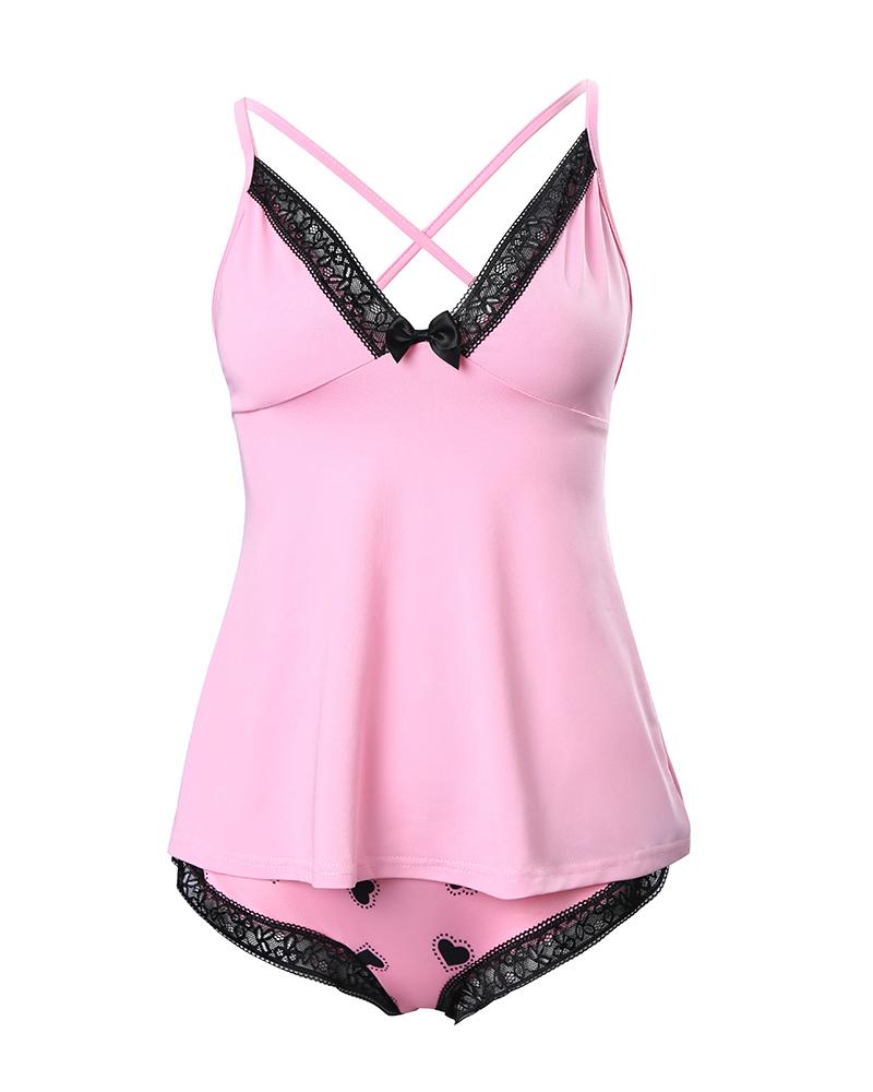 Heart Print Contrast Lace Bowknot Decor Cami Set