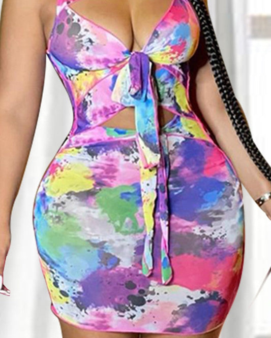 Abstract Print Cutout Tie Front Bodycon Dress