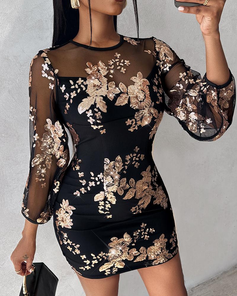 Floral Pattern Contrast Sequin Sheer Mesh Party Dress