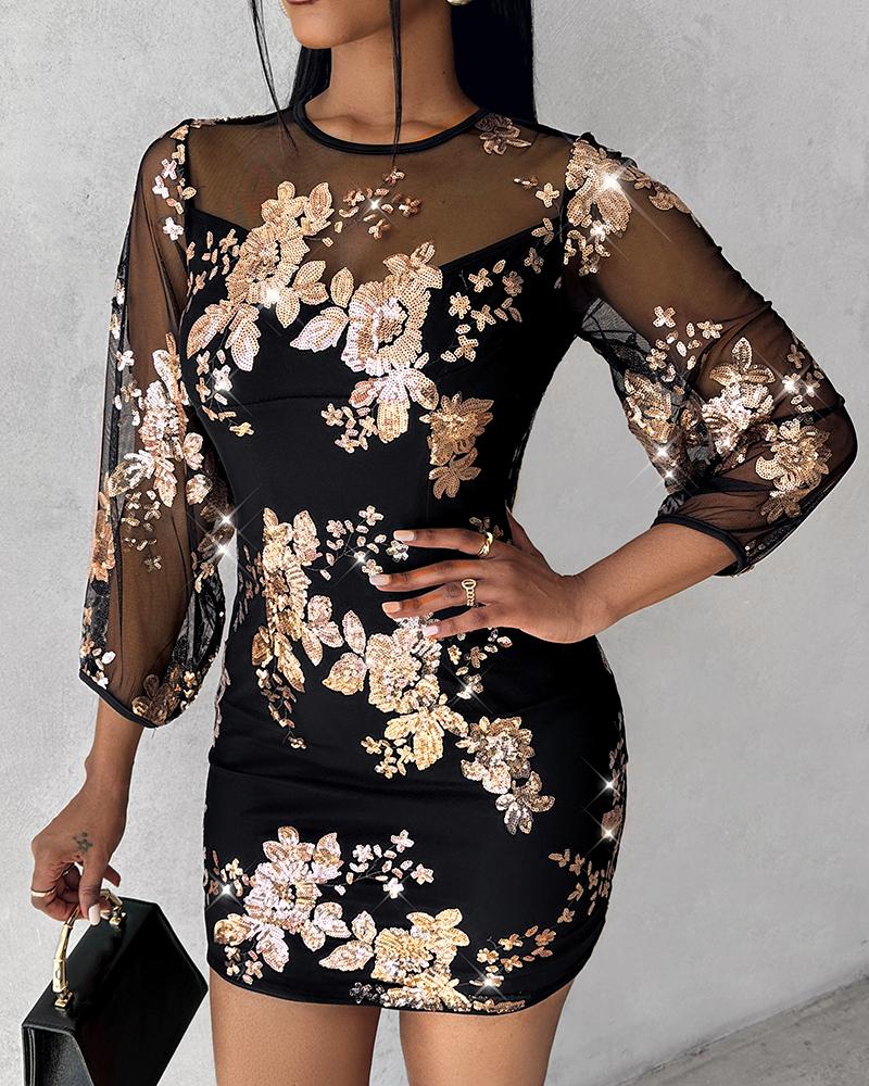 Floral Pattern Contrast Sequin Sheer Mesh Party Dress