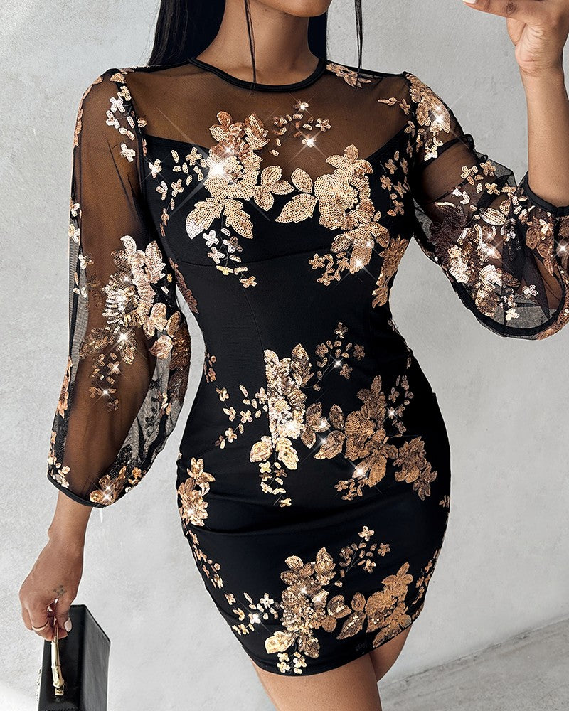 Floral Pattern Contrast Sequin Sheer Mesh Party Dress