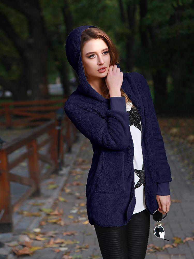 Warm Solid Pocket Design Hoodies Fluffy Coat