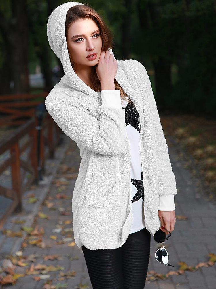 Warm Solid Pocket Design Hoodies Fluffy Coat