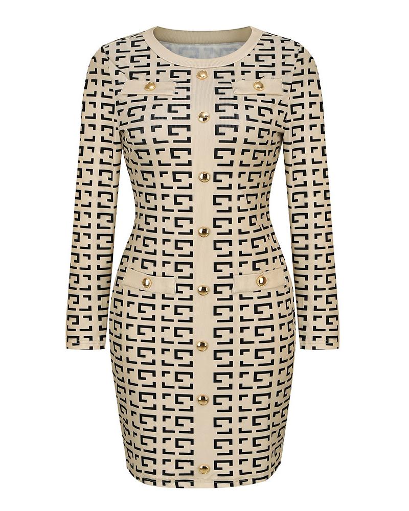 Geo Print Long Sleeve Buttoned Knit Dress