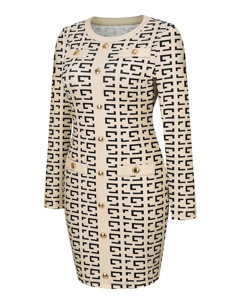 Geo Print Long Sleeve Buttoned Knit Dress