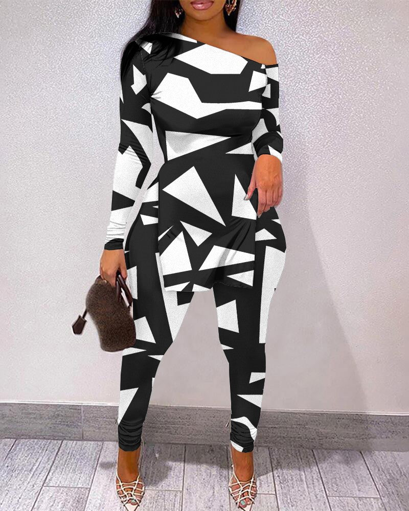 Geometric Print Split Hem Long Sleeve Top & Pants Set