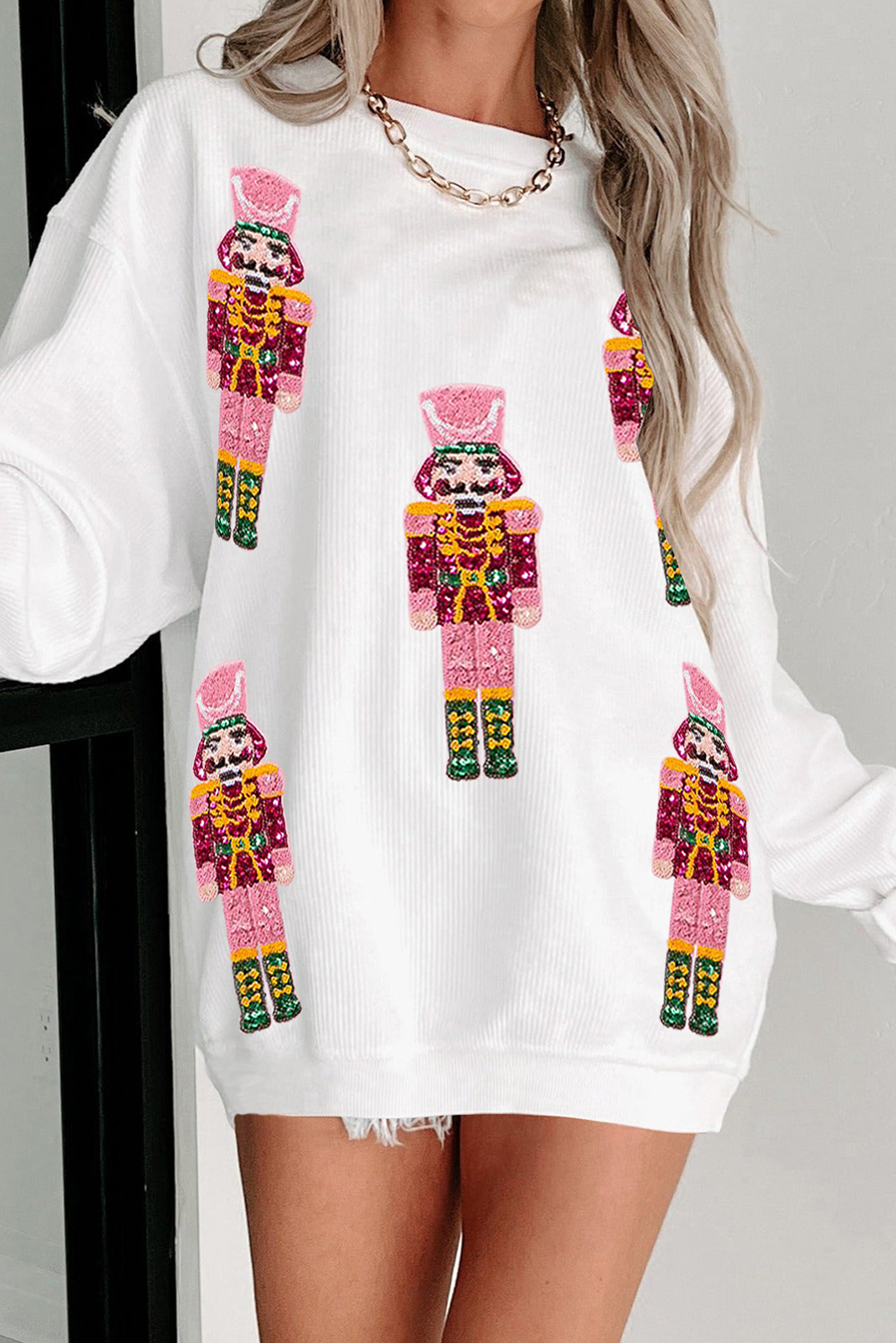 White Christmas Nutcracker Graphic Corded Baggy Sweatshirt