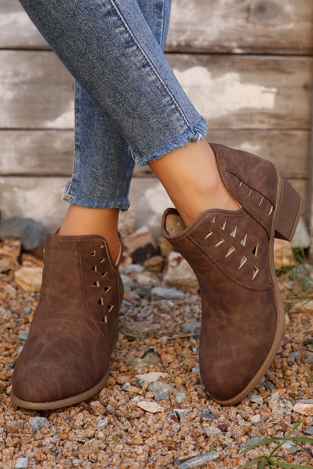 Red Sandalwood Cut Out Suede Pointed Toe Heeled Ankle Boots