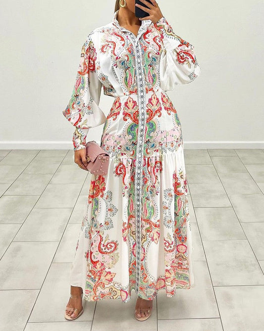 Paisley Print Buttoned Lantern Sleeve Maxi Shirt Dress