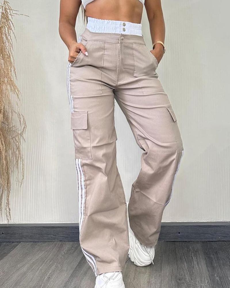 Striped Tape Patch Shirred Stretchy High Waist Pants Pocket Design Cargo Pants