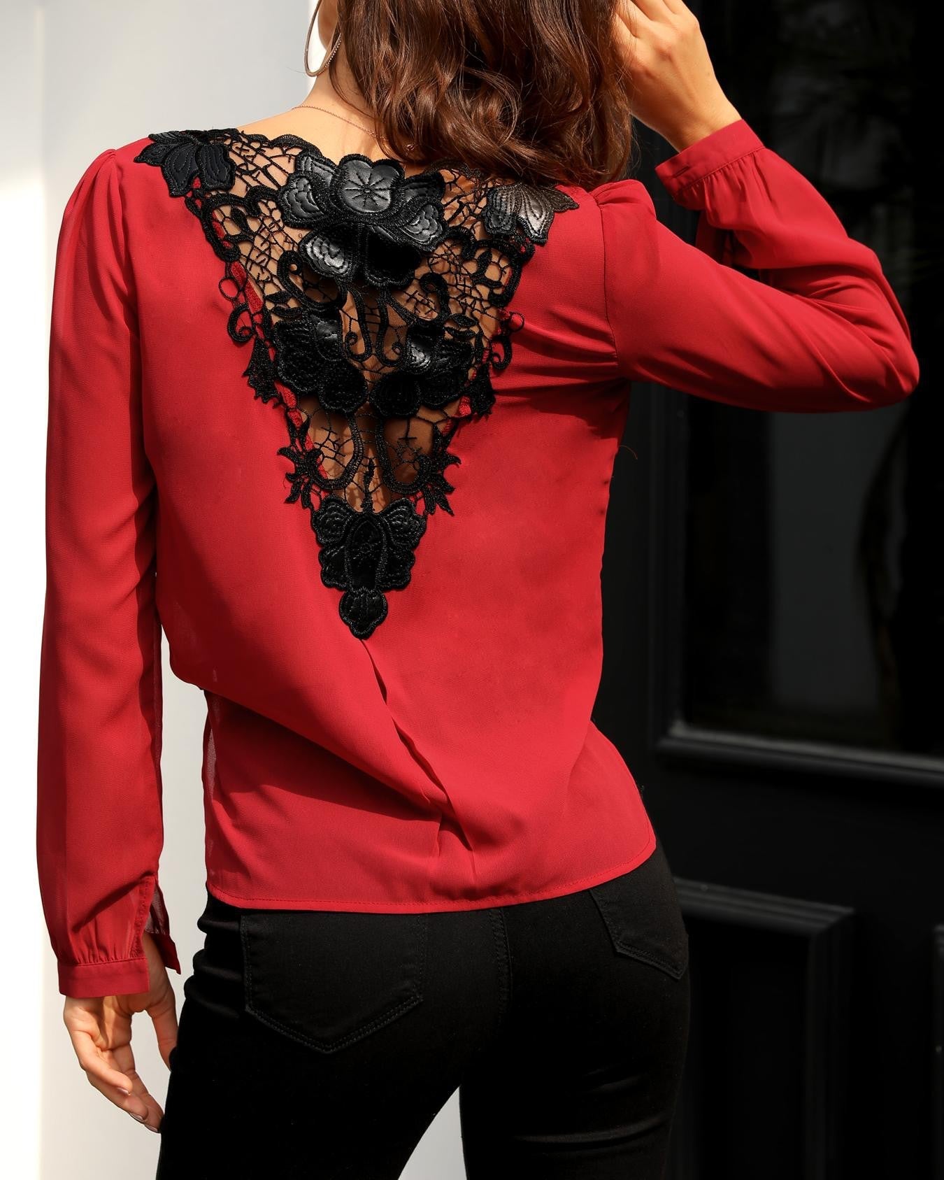 Lace Crochet Back Surplice Front Blouse