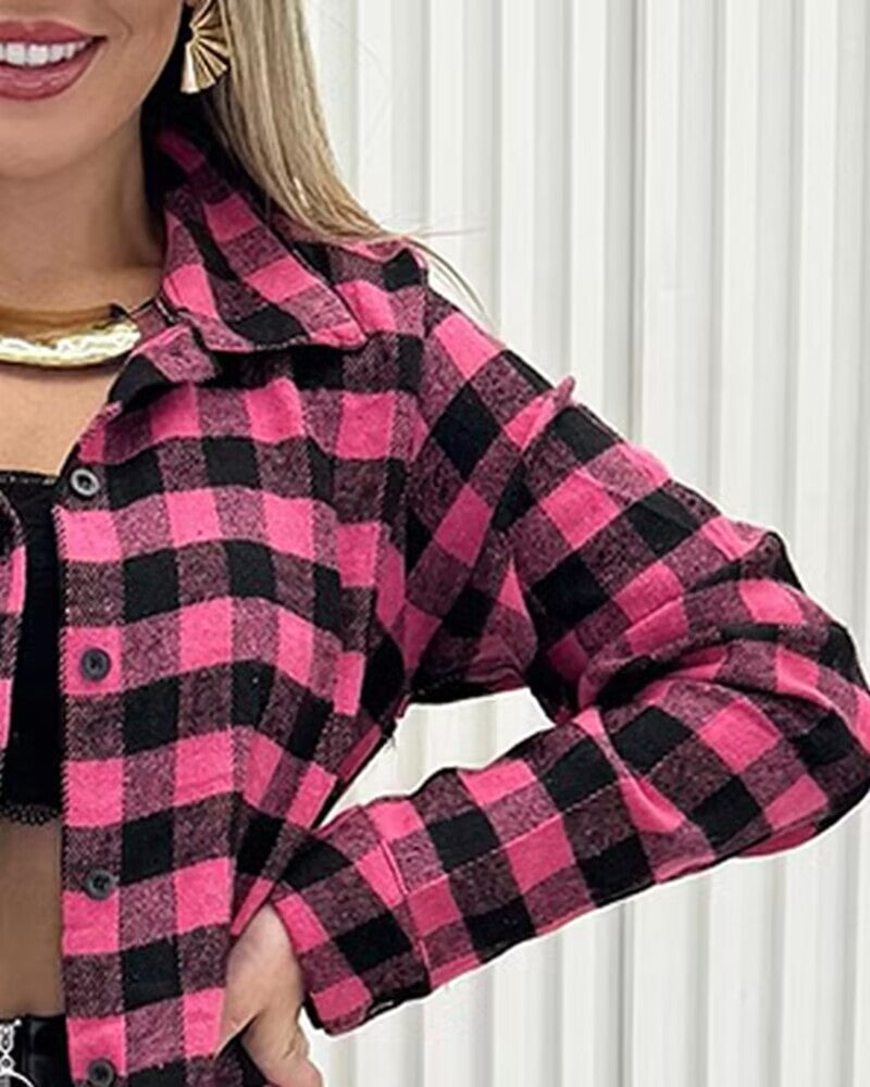 Plaid Pattern Button Down Shirts Long Sleeve Shackets Casual Blouse Top